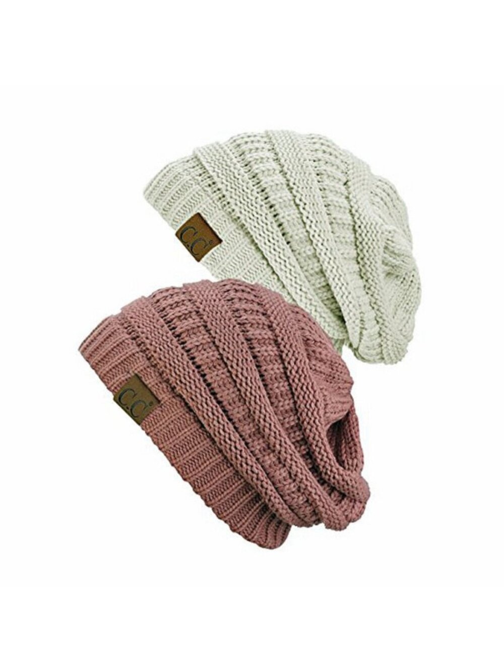 Trendy Warm Chunky Soft Stretch Cable Knit Beanie Hat Skully 2 Pack Ivory/Mauve